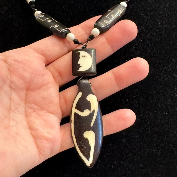 Handmade Jewelry - Vintage Heishi Shell Tibetan Beads Brown Pendant Statement Necklace Tribal Moon